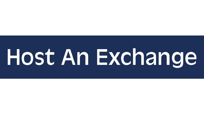 Dark blue button with text that reads "Host an Exchange"