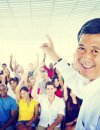 Man pointing at group of people