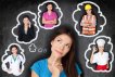 Girl with thought bubbles around her containing her dressed in various career outfits, i.e. doctor, chef, construction worker, etc.