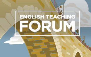 Cover graphic of partial bridge and people walking at top with title text that reads: English Teaching Forum